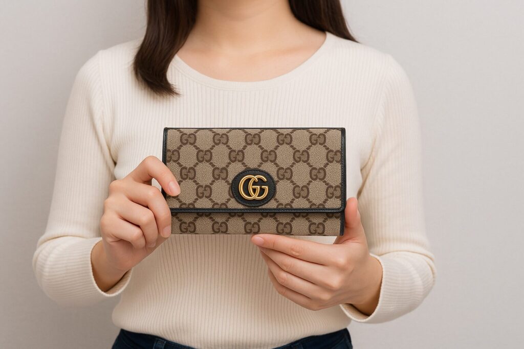 グッチの財布を持った女性