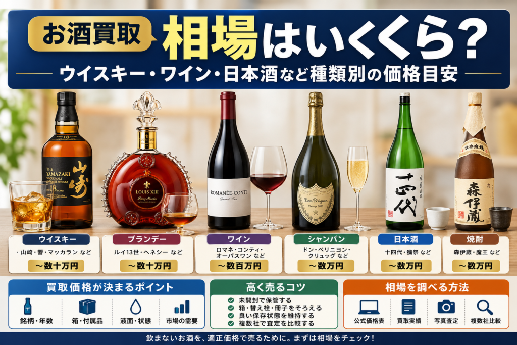 お酒の買取相場はいくら？ウイスキー・ワイン・日本酒など種類別の価格目安